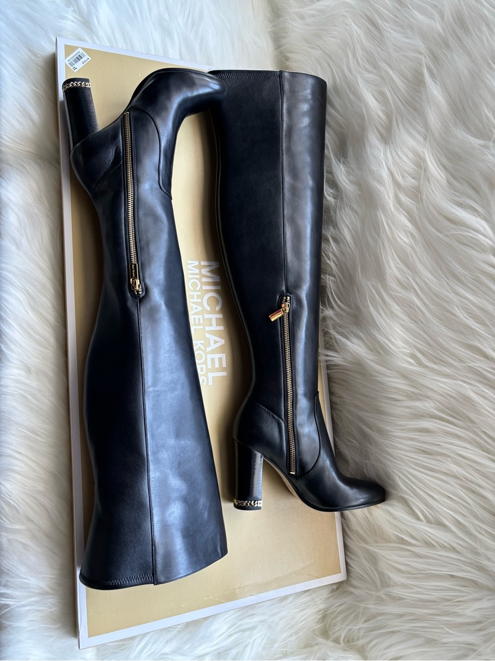 MICHAEL KORS SABRINA Black Leather OTK Boots with Gold Zip Accent. 6 1/2 - NWOT